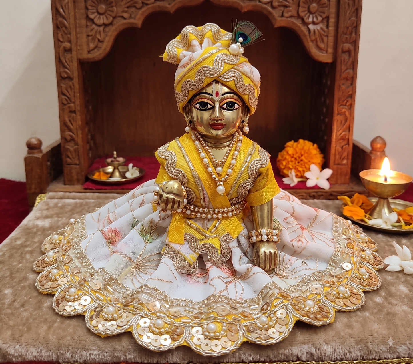 Yellow & White Designer Ladoo Gopal Dress Set,Ladoo Gopal Designer Dress with Matching Accessories