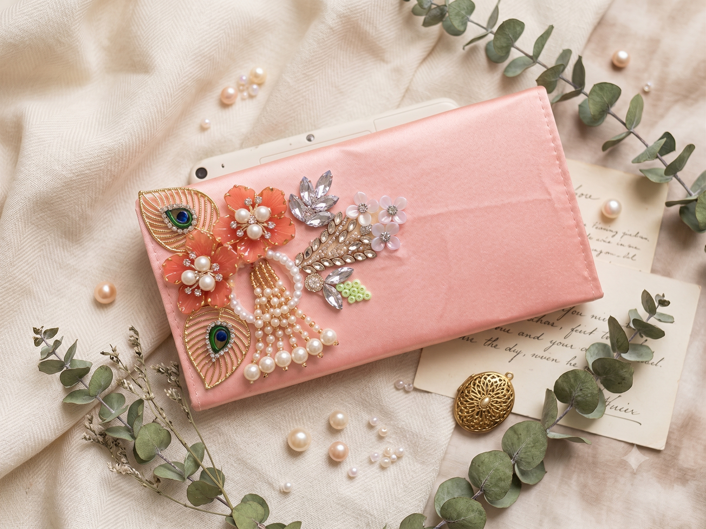 Pastel Peach Satin Festive Clutch with Peacock & Pearl Motifs