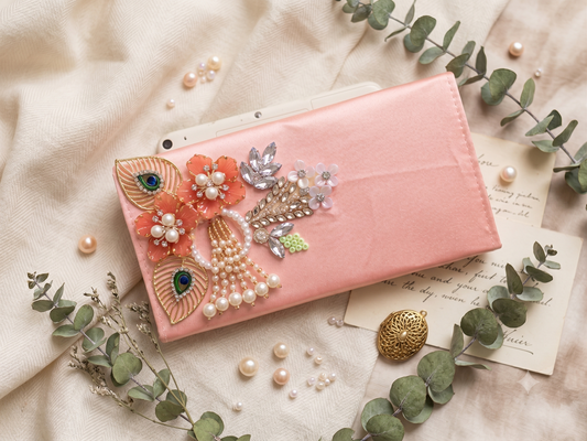 Pastel Peach Satin Festive Clutch with Peacock & Pearl Motifs
