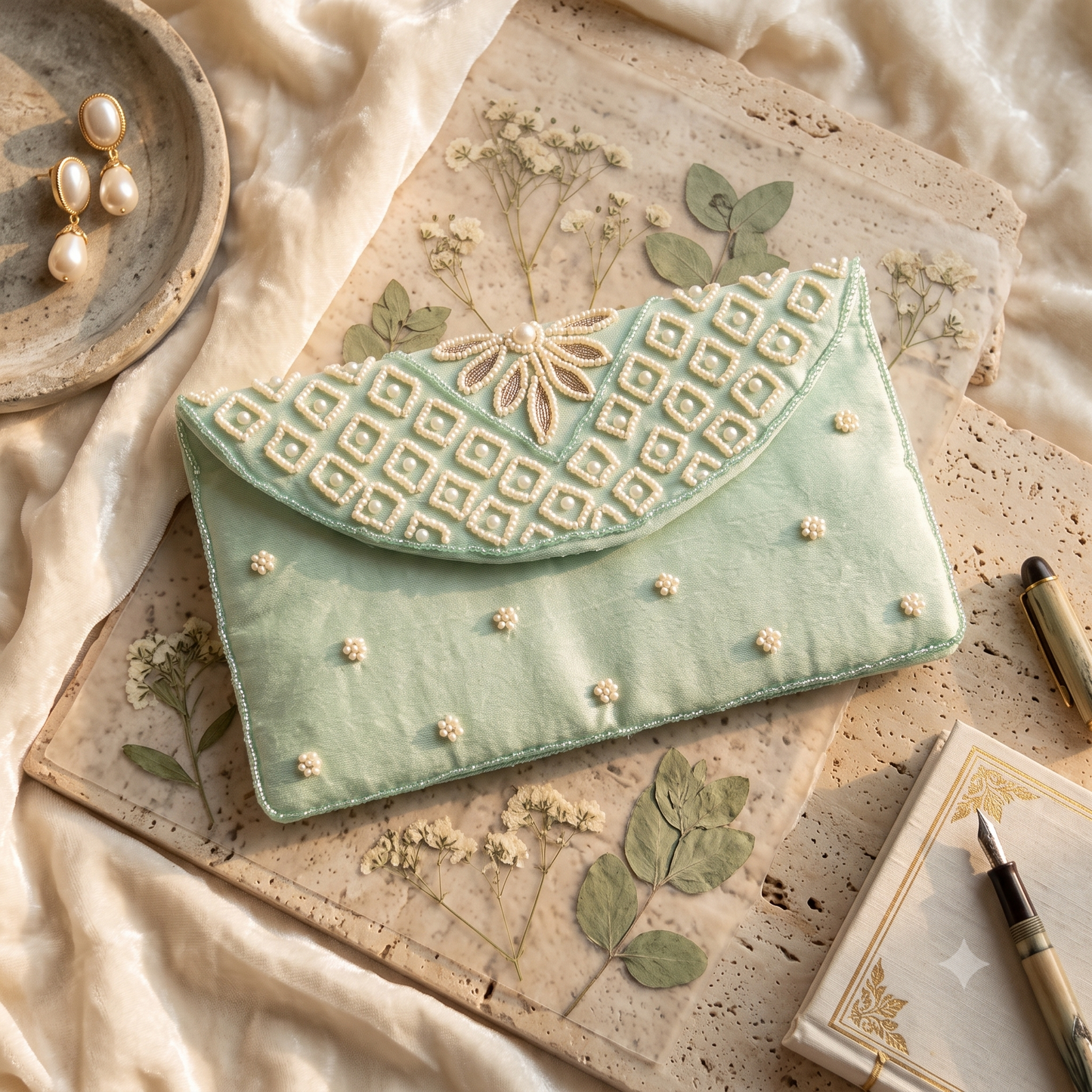 Mint Green  Pearl Embroidered Designer Clutch Purse | Handcrafted Beaded Evening Bag | Wedding & Party Wear