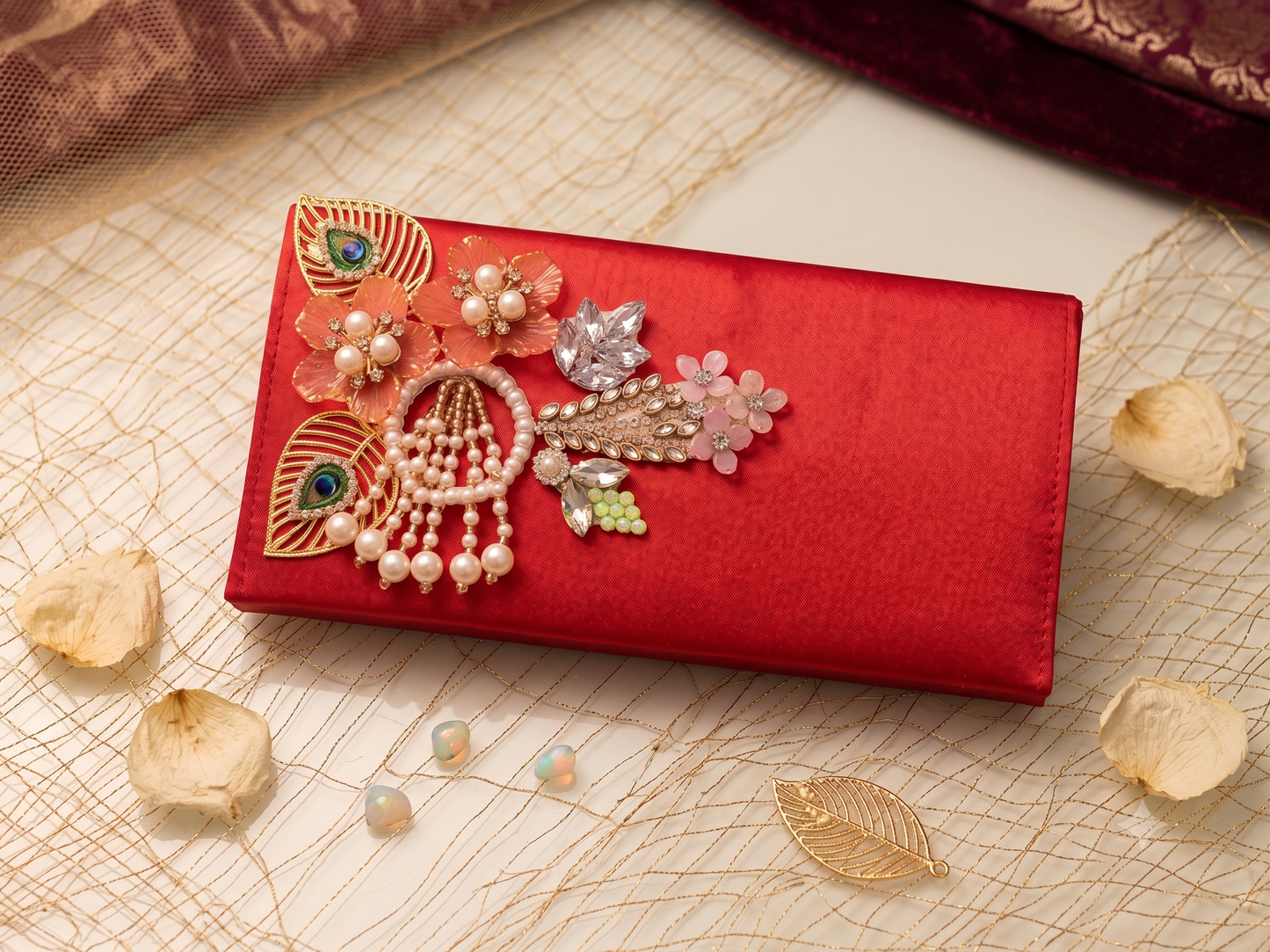 Traditional Red Floral & Crystal Embellished Ethnic Evening clutch