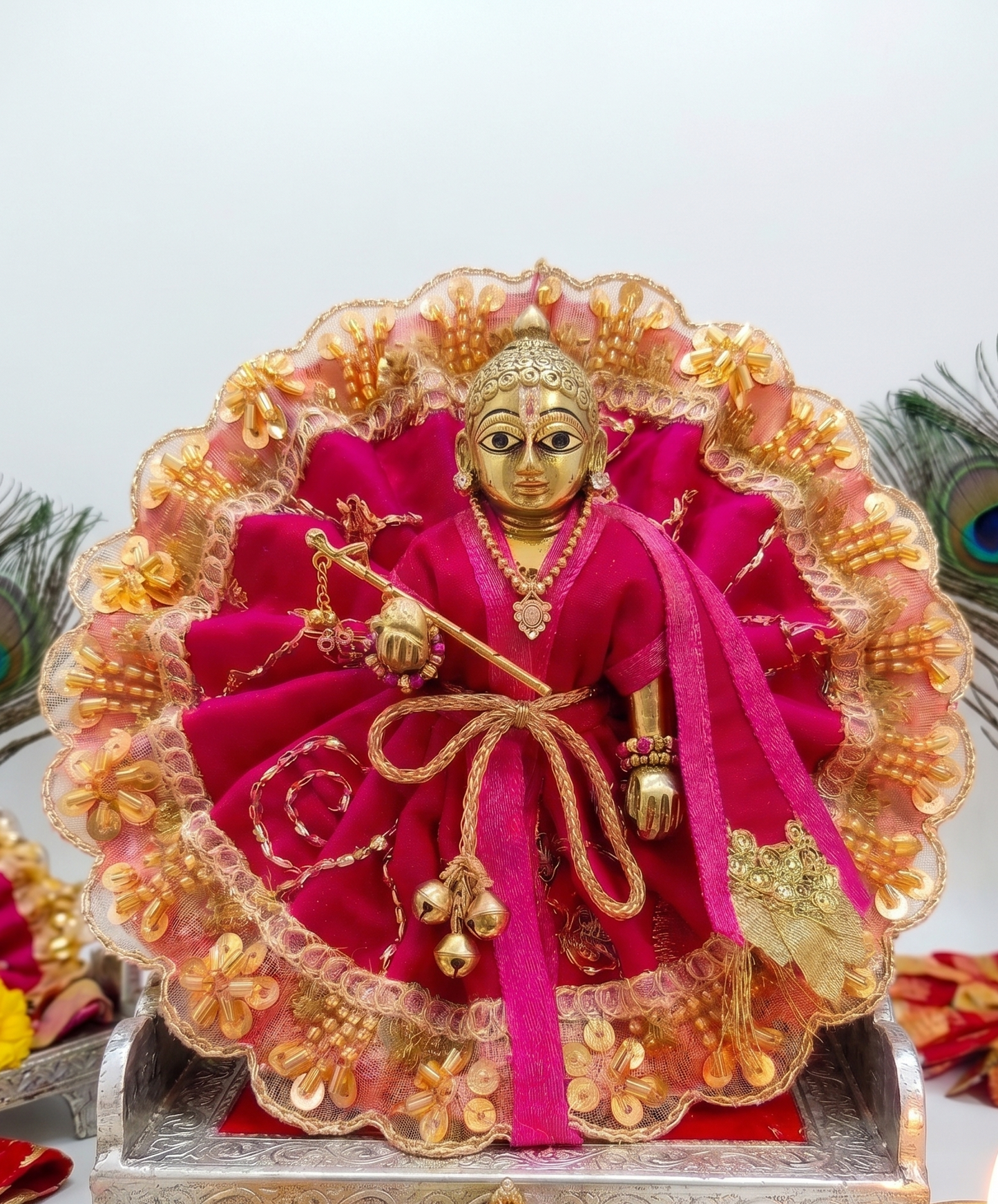 Rani Pink & Golden Embroidered Ladoo Gopal Poshak | Designer Bal Gopal Dress with Lace & Ribbon  Janmashtami, Festivals, Puja, Temple Decoration & Daily Shringar                                        Ribbon