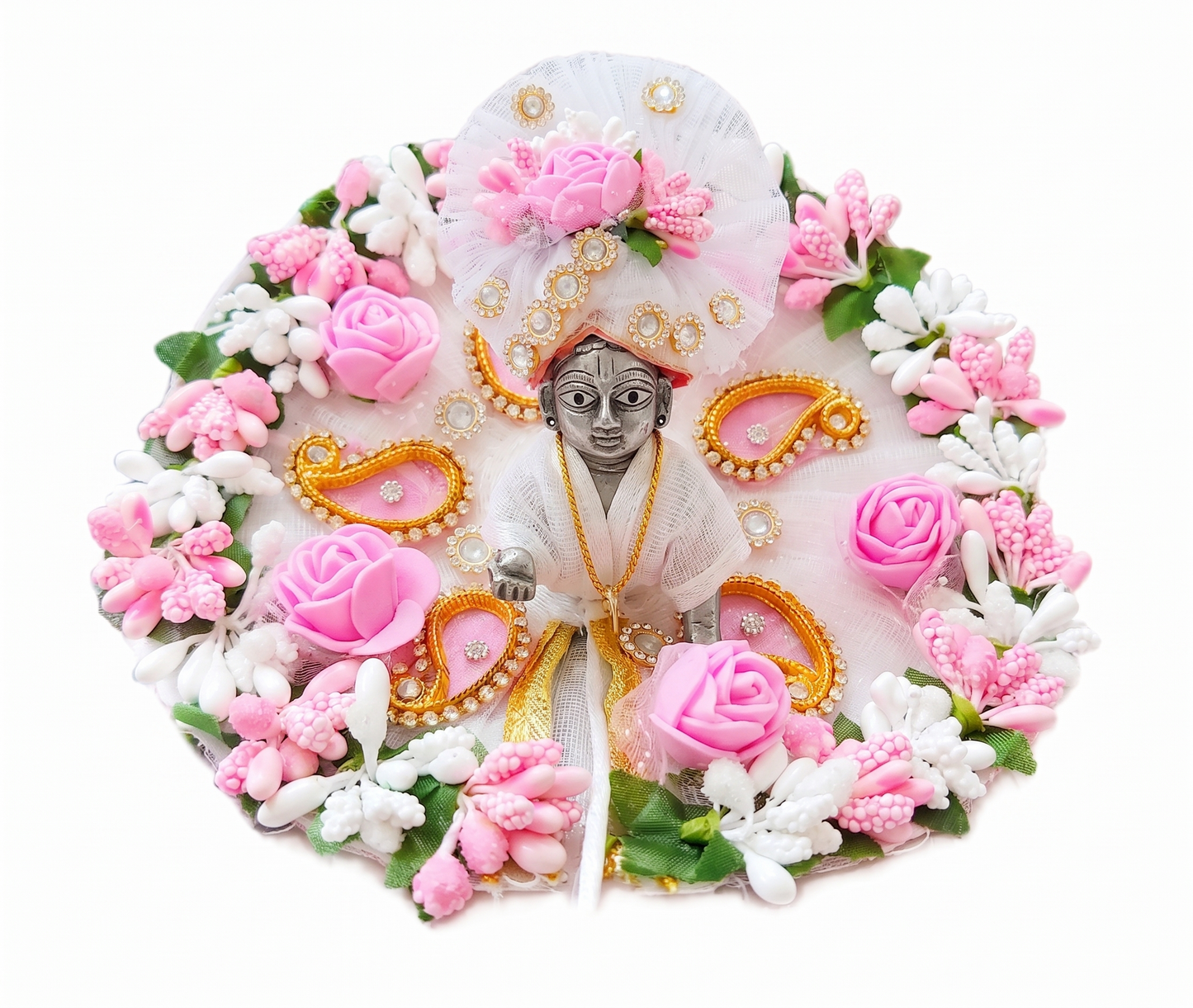 Ladoo Gopal Designer Floral Shringar Dress & Mukut Set – Pink & White