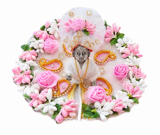 Ladoo Gopal Designer Floral Shringar Dress & Mukut Set – Pink & White