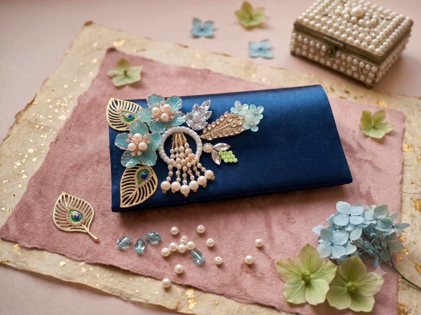 Royal Midnight Pearl & Seafoam Clutch Description