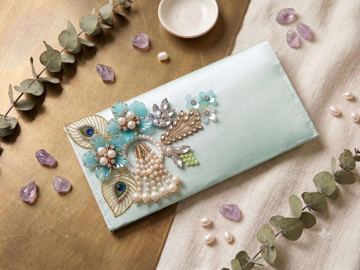 Mint Oasis Pearl & Floral Clutch