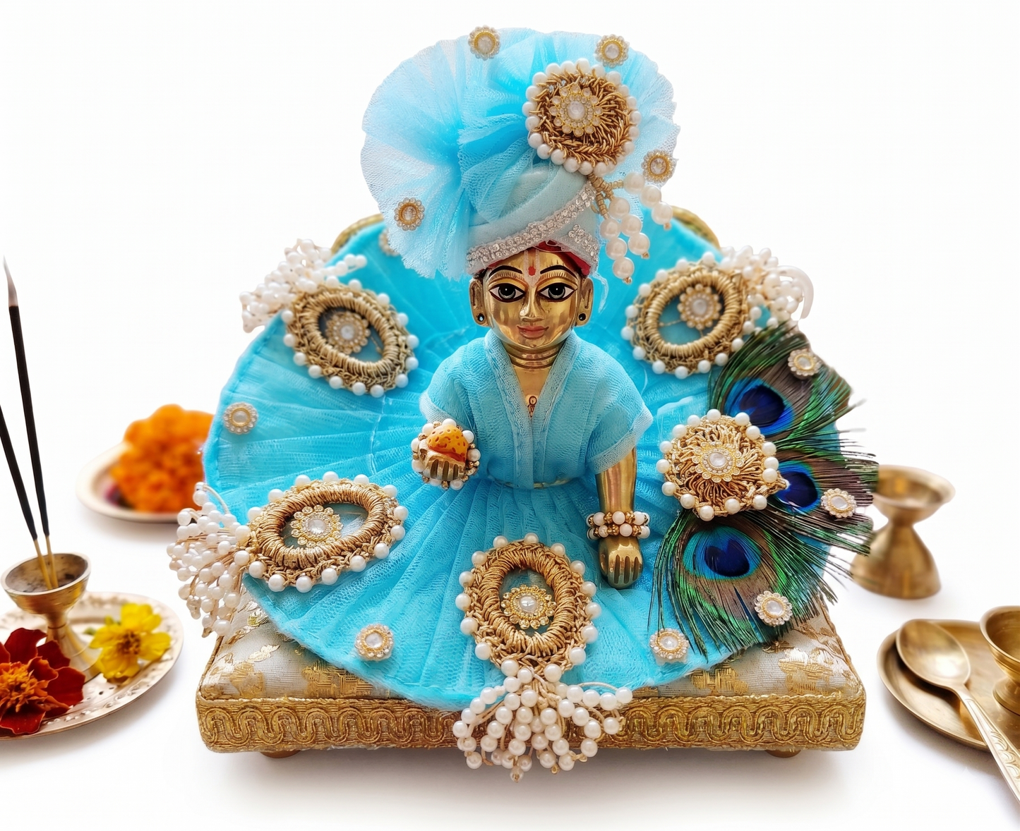 Turquoise Peacock Feather Ladoo Gopal,Janmashtami, Festivals, Pooja, Temple Decoration and Special Occasions