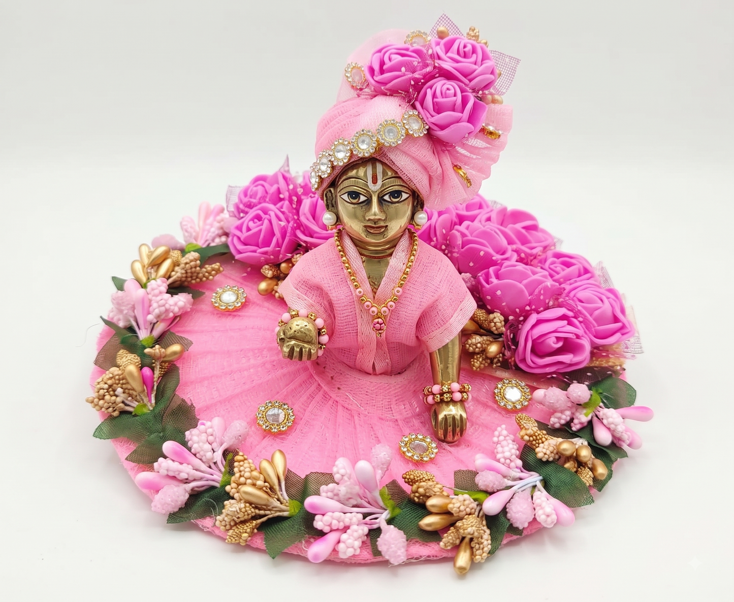 Pink Floral Ladoo Gopal Designer Dress & Matching Mukut Set
