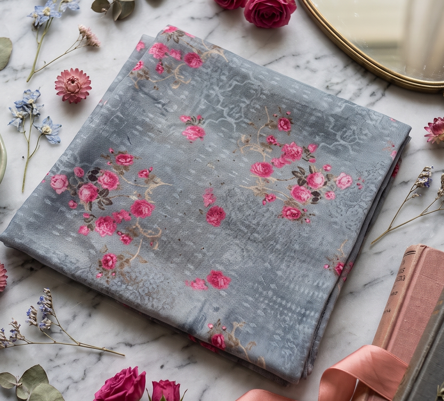 Grey Floral Organza Fabric with Pink Rose Bootis