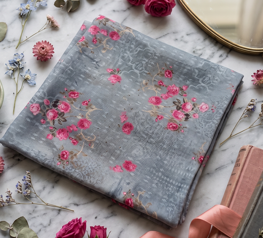 Grey Floral Organza Fabric with Pink Rose Bootis