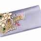Sleek Grey Satin Festive Clutch with Gold Peacock & Pearl Accents