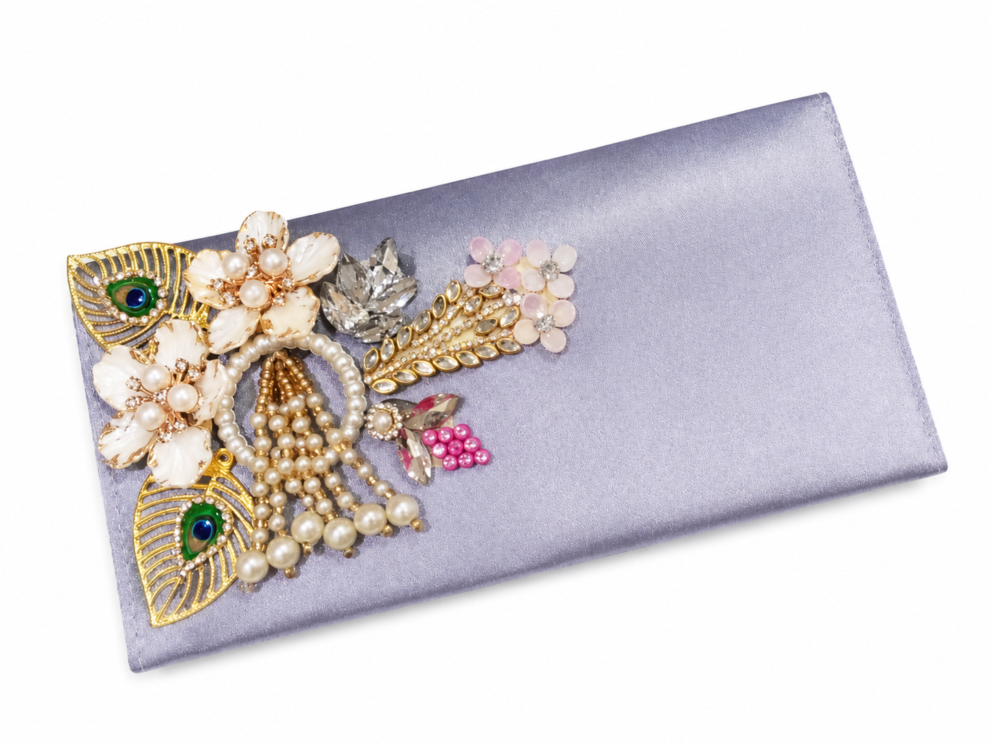 Sleek Grey Satin Festive Clutch with Gold Peacock & Pearl Accents