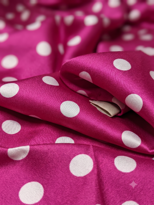 Pink Satin Fabric with Large White Polka Dots