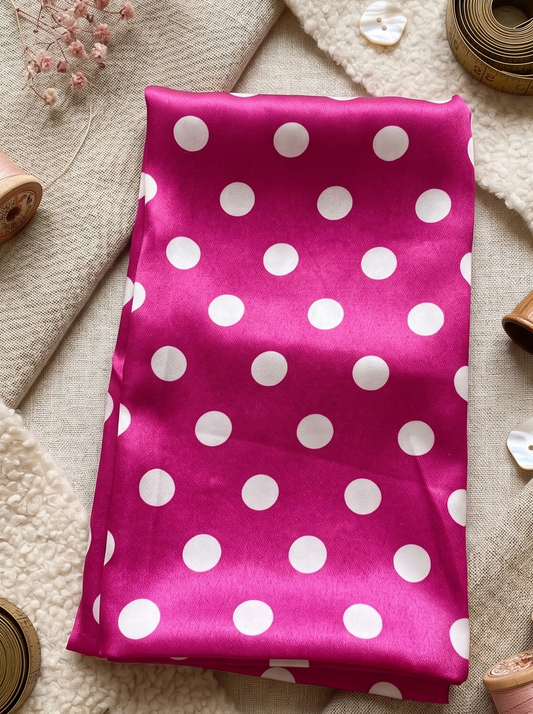Pink Satin Fabric with Large White Polka Dots