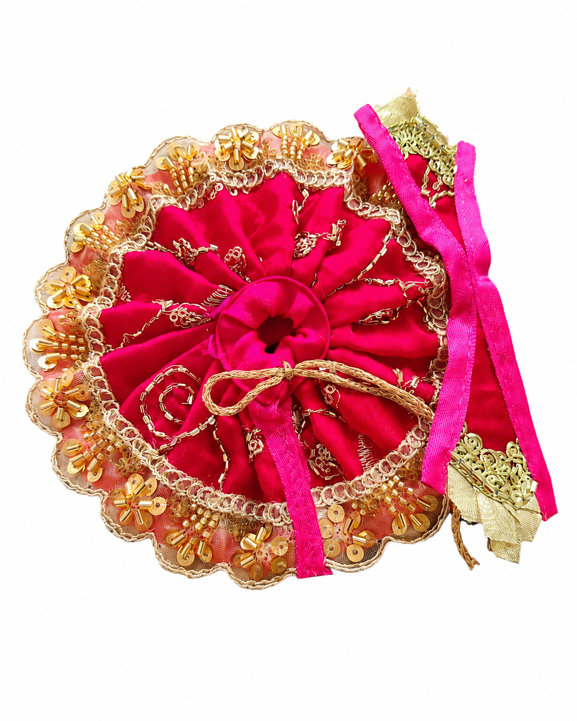 Rani Pink & Golden Embroidered Ladoo Gopal Poshak | Designer Bal Gopal Dress with Lace & Ribbon  Janmashtami, Festivals, Puja, Temple Decoration & Daily Shringar                                        Ribbon