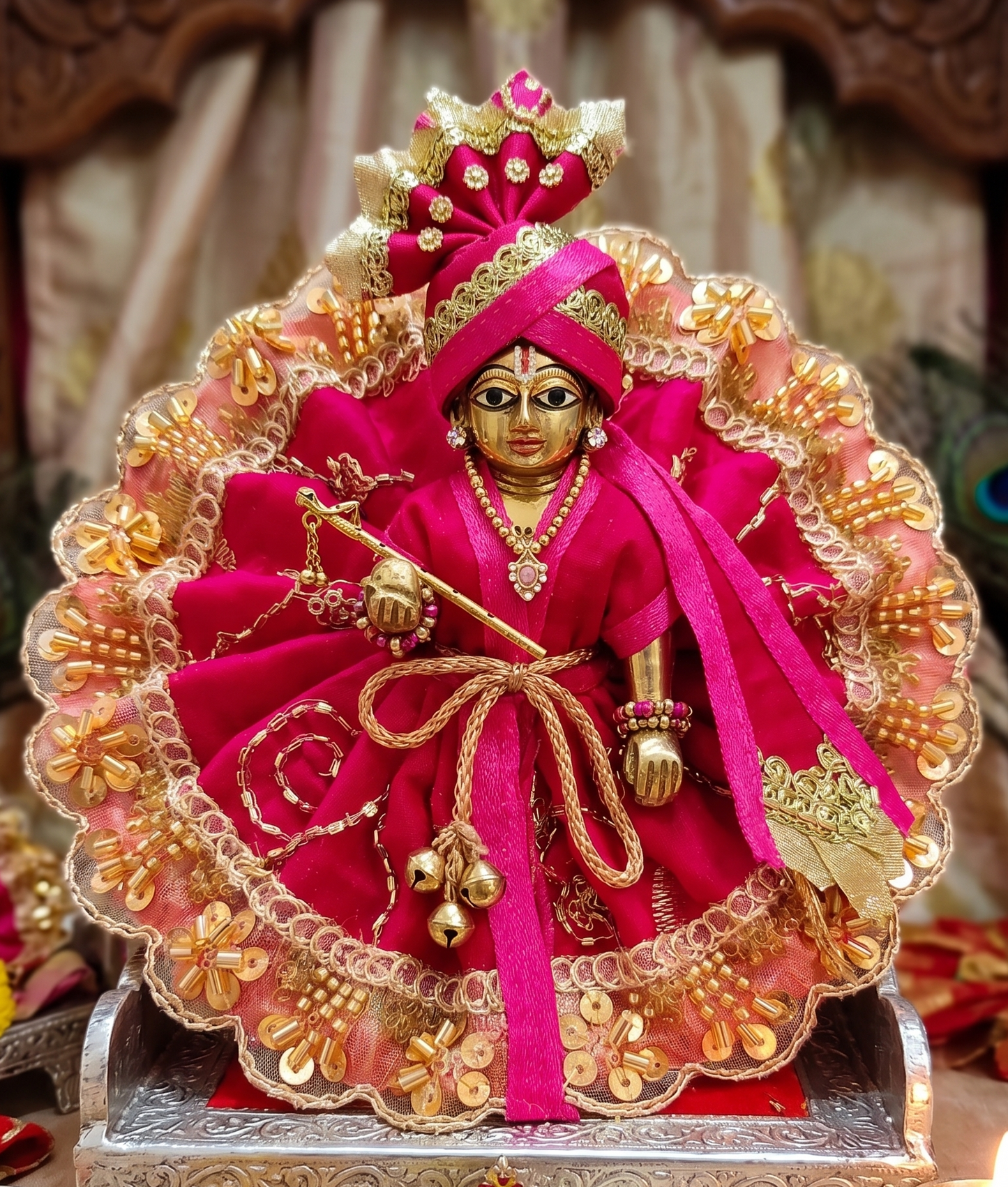 Rani Pink & Golden Embroidered Ladoo Gopal Poshak with Lace | Designer Bal Gopal Dress, Ribbon Detailing, Janmashtami & Puja Use, Temple Decoration, Daily Shringar