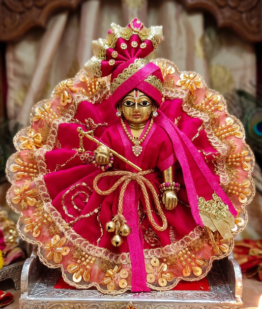 Rani Pink & Golden Embroidered Ladoo Gopal Poshak with Lace | Designer Bal Gopal Dress, Ribbon Detailing, Janmashtami & Puja Use, Temple Decoration, Daily Shringar