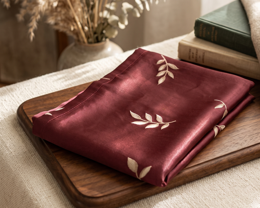 Maroon Silk Satin Fabric with Leaf Pattern