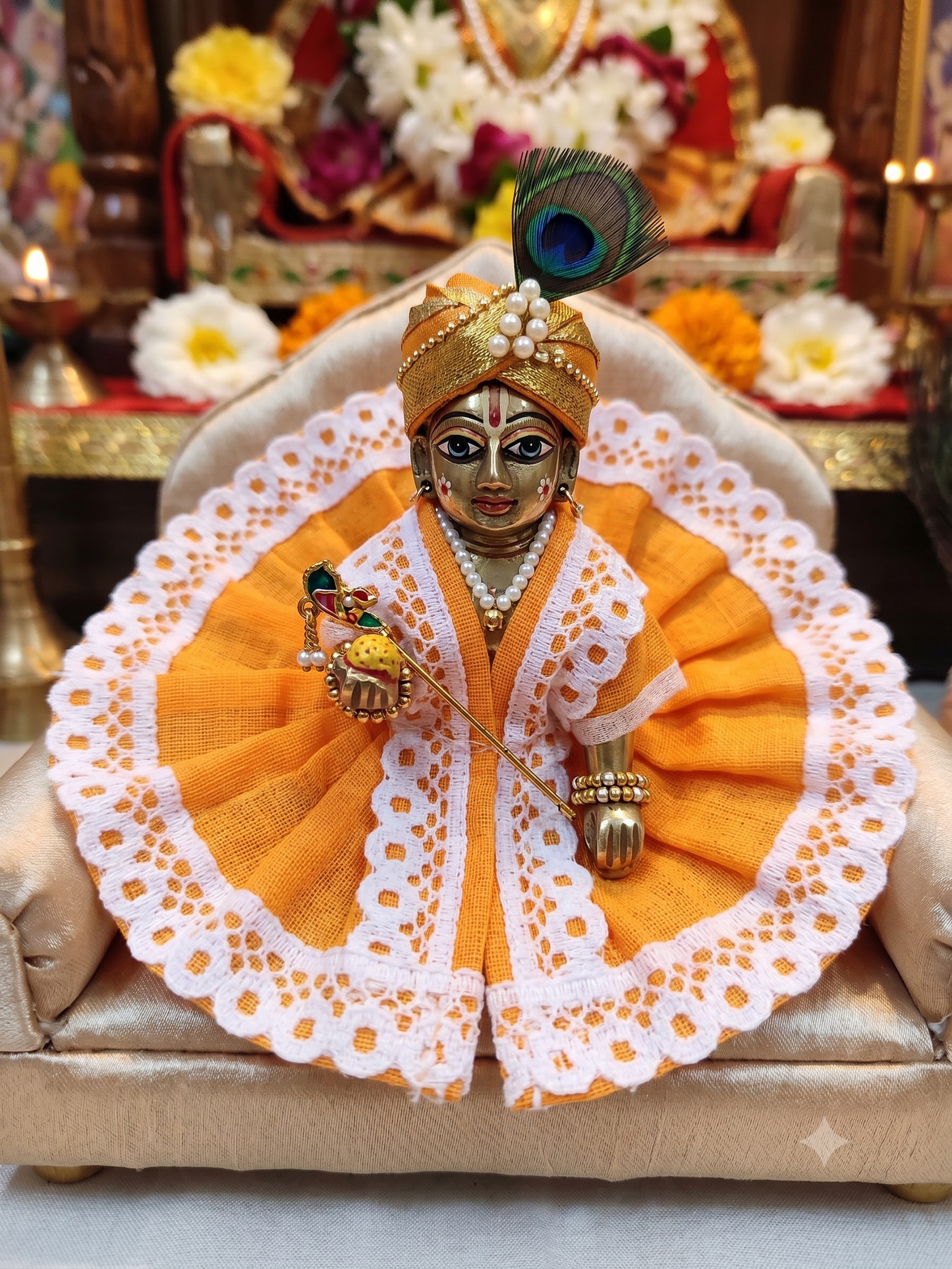 Orange Cotton Summer Dress for Laddu Gopal Ji with White Eyelet Lace Border