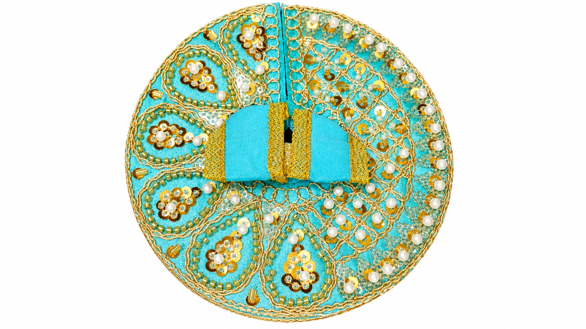 Turquoise Blue & Golden Zari Embroidered 1 No Ladoo Gopal Poshak with Pearl and Sequin Work