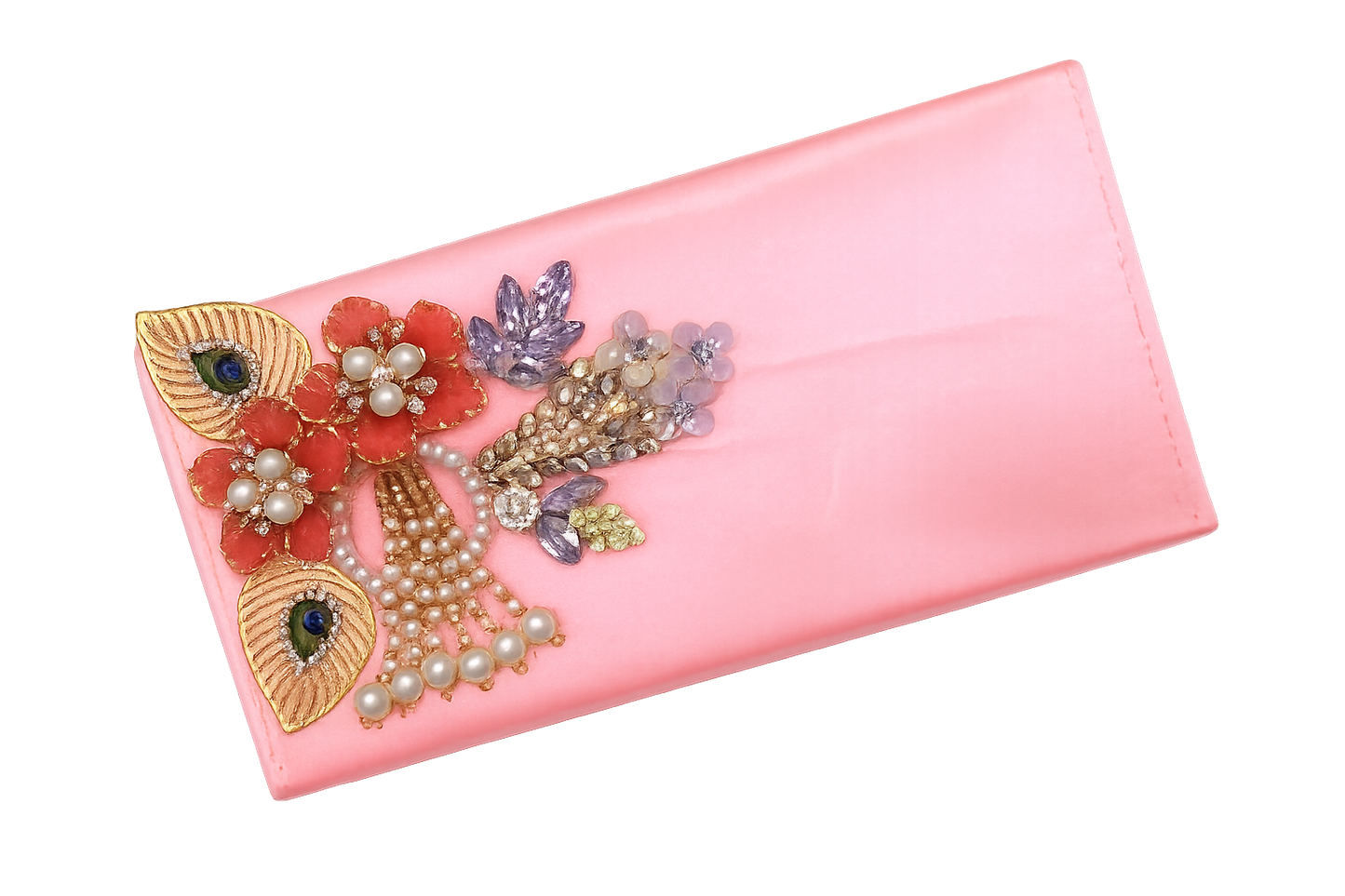 Pastel Peach Satin Festive Clutch with Peacock & Pearl Motifs