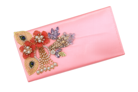 Pastel Peach Satin Festive Clutch with Peacock & Pearl Motifs