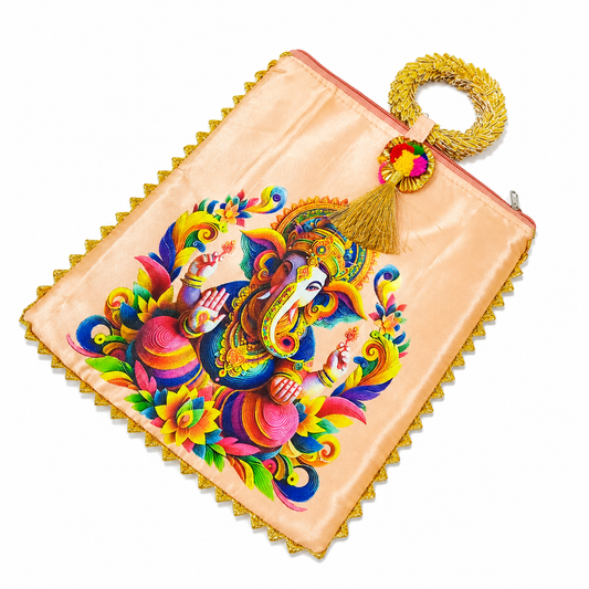 Peach Satin Lord Ganesha Printed Potli Clutch Bag with Golden Handle