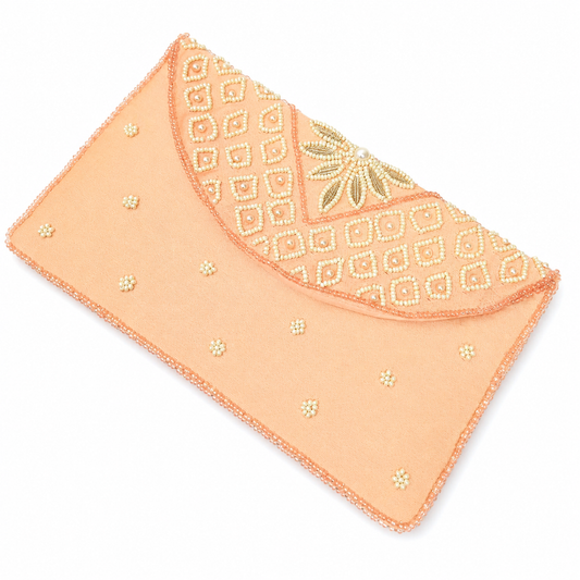 Peach Pearl Embroidered Designer Clutch Purse | Handcrafted Beaded Evening Bag | Wedding & Party Wear