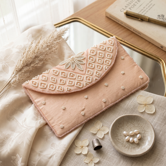 Peach Pearl Embroidered Designer Clutch Purse | Handcrafted Beaded Evening Bag | Wedding & Party Wear