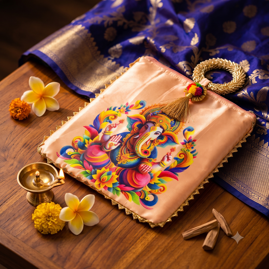 Peach Satin Lord Ganesha Printed Potli Clutch Bag with Golden Handle