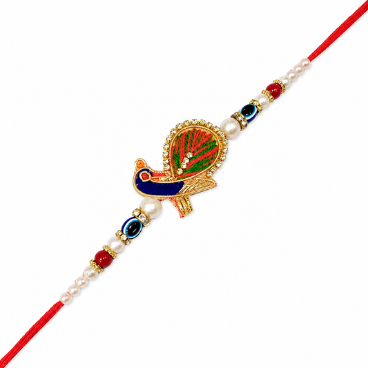 Peacock Designer Rakhi with Evil Eye and Pearl Beads, Traditional Raksha Bandhan