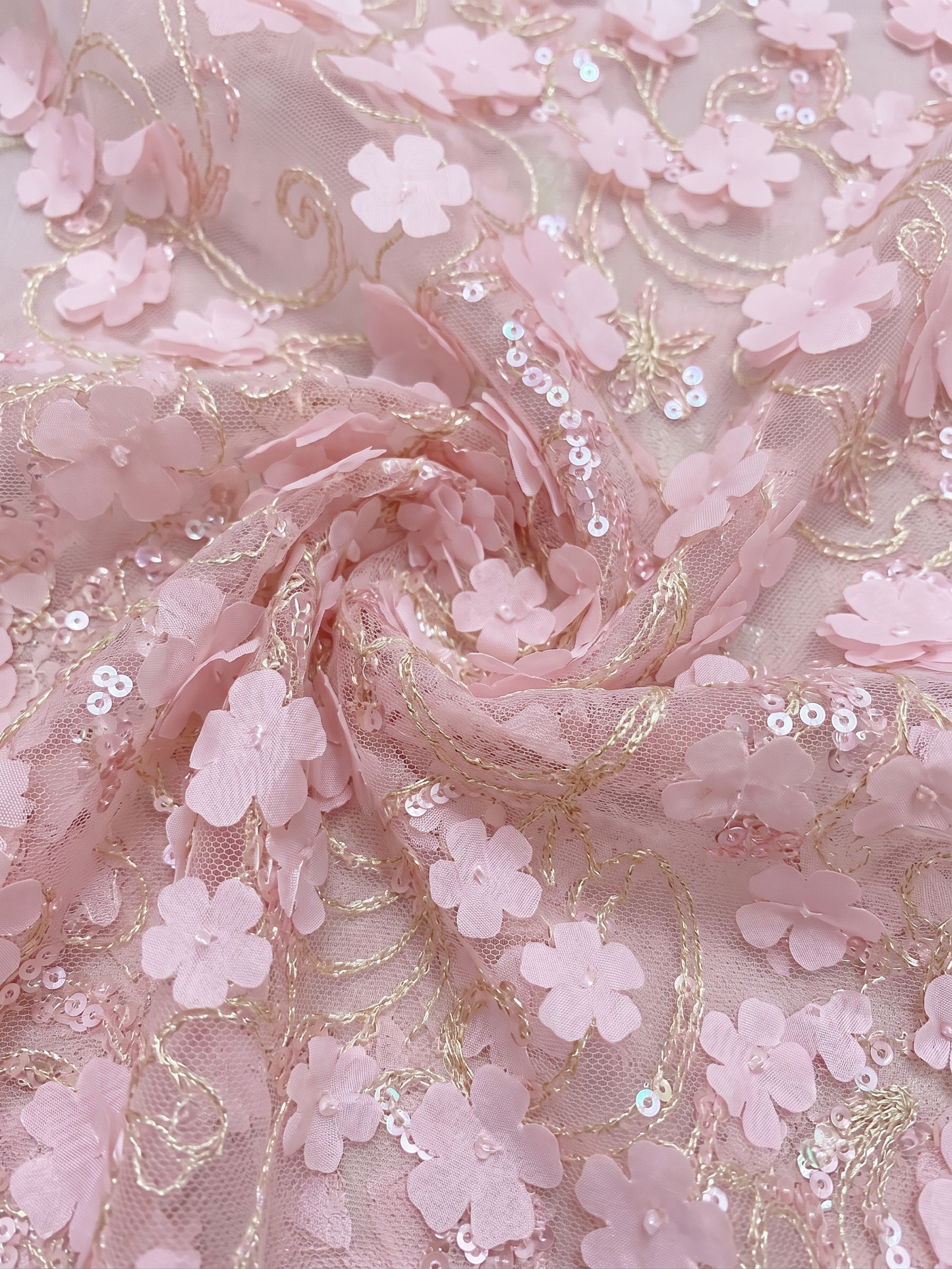 Pink Floral Applique Sequin Net Fabric
