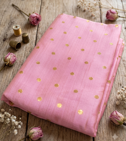Pink Chanderi Silk Fabric with Gold Zari Buti