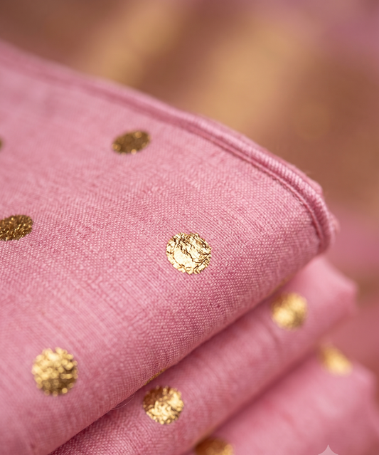 Pink Chanderi Silk Fabric with Gold Zari Buti