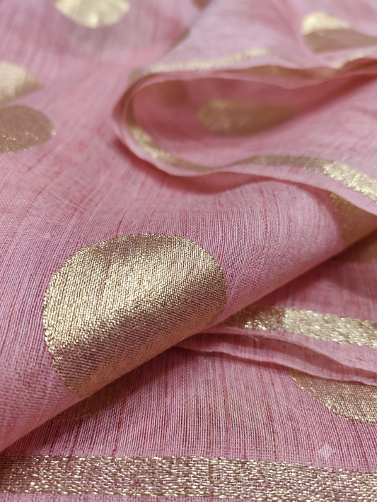 Pink Chanderi Silk Fabric with Gold Buta