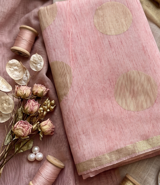 Pink Chanderi Silk Fabric with Gold Buta