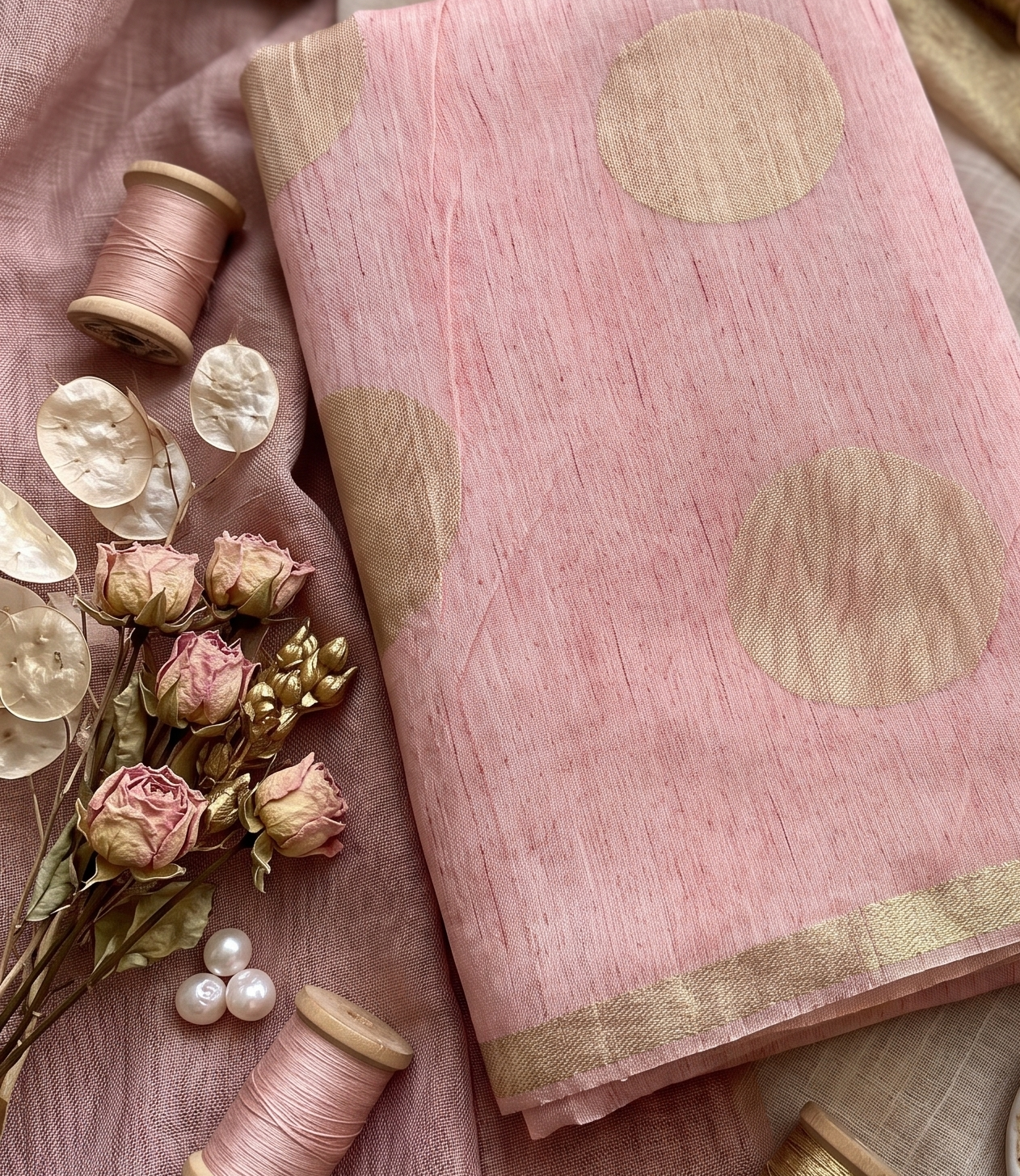 Pink Chanderi Silk Fabric with Gold Buta