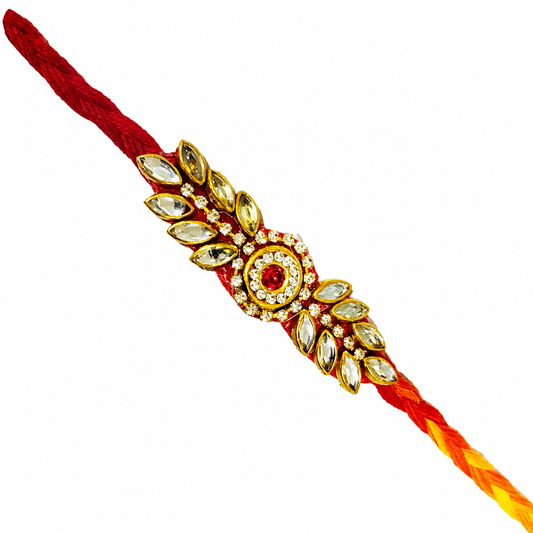 Royal Kundan Leaf Design Rakhi with Red Stone & Diamond Accent