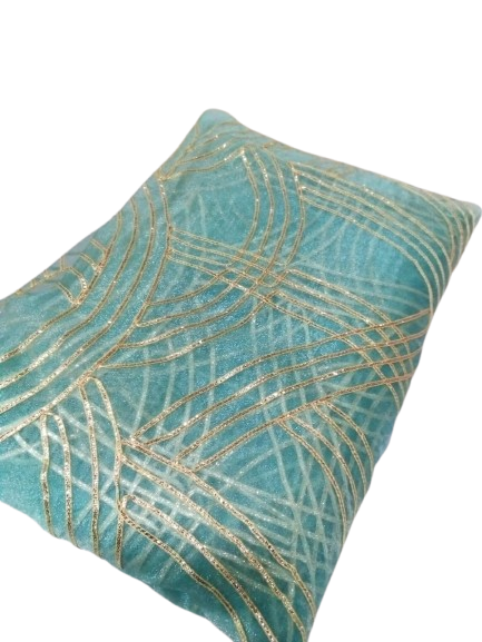 Sea Green Net Fabric with Gold Zari Work
