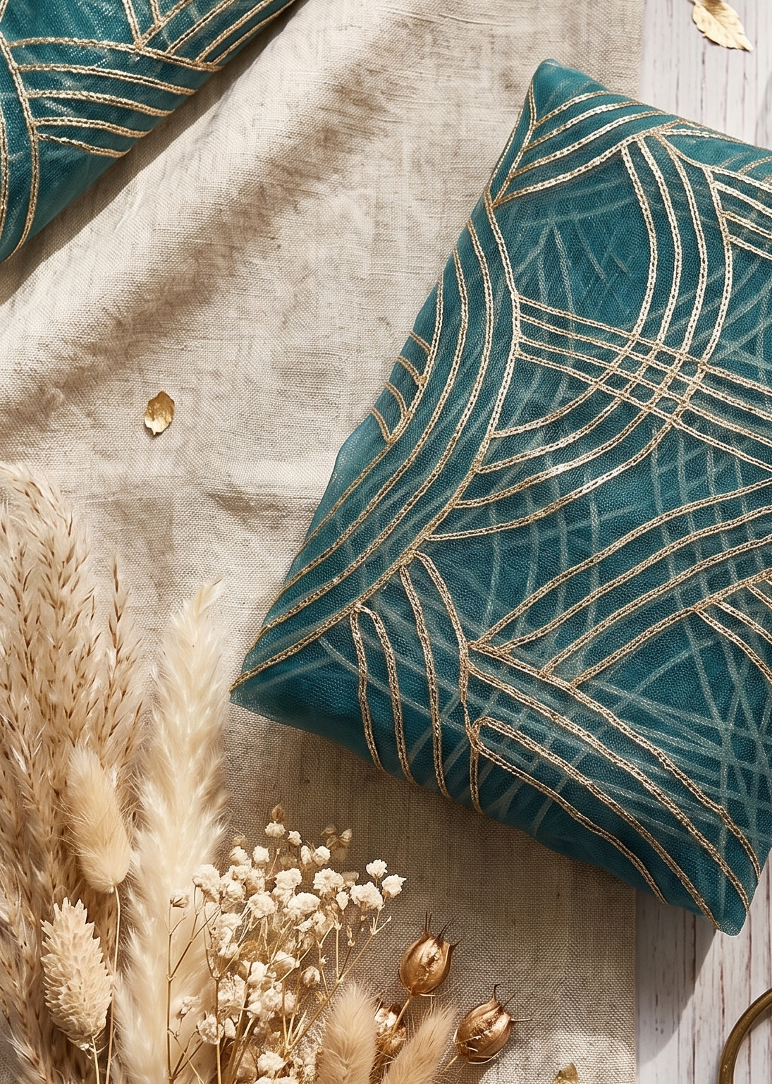 Sea Green Net Fabric with Gold Zari Work