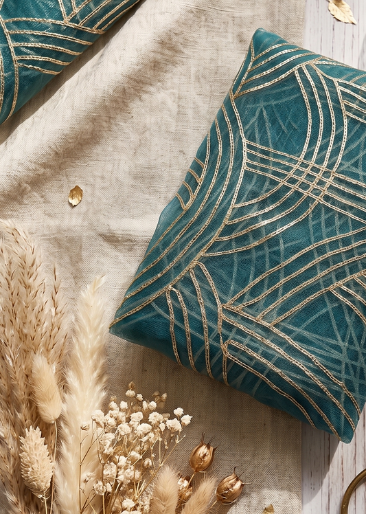 Sea Green Net Fabric with Gold Zari Work