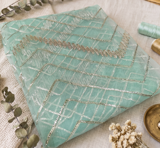 Seafoam Green Chevron Metallic Embroidered Net Fabric