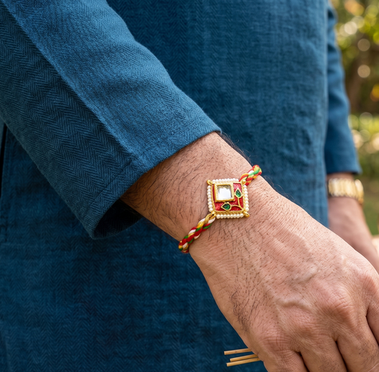 Square Kundan Rakhi with Multicolor Braided Thread for Brother, Raksha Bandhan Festival