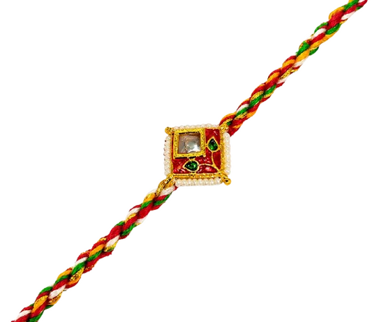 Square Kundan Rakhi with Multicolor Braided Thread for Brother, Raksha Bandhan Festival