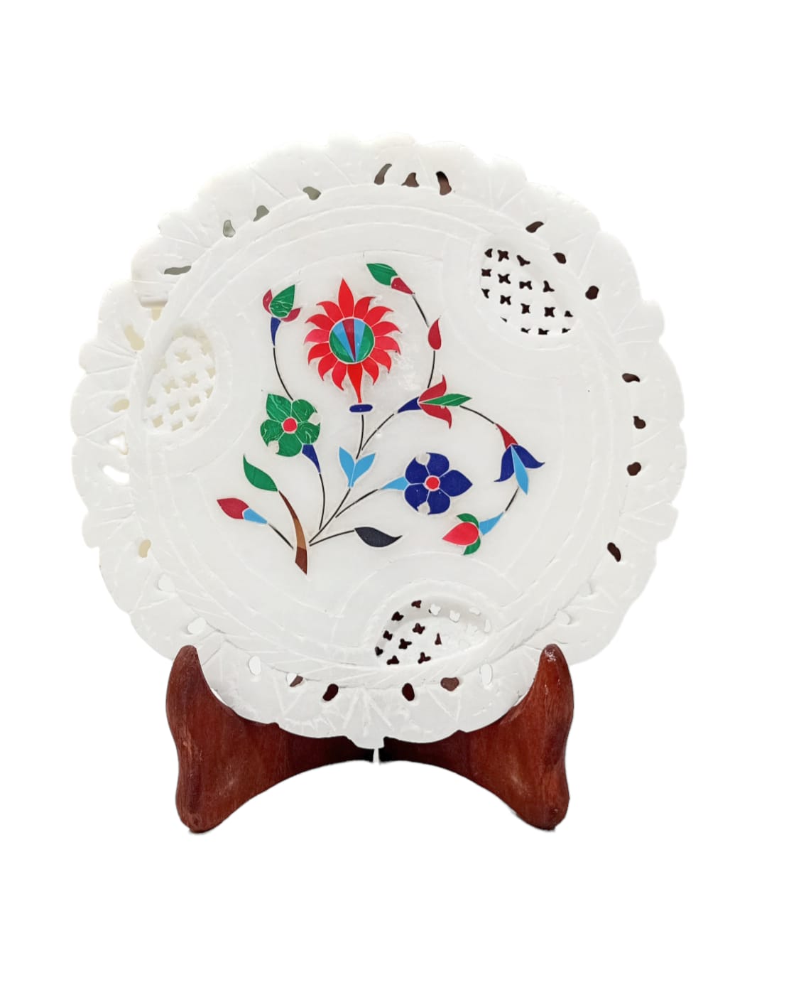 Handmade White Marble Decorative Plate with Wooden Stand 7 inch Decorative Showpiece - 7 cm (Marble, White)