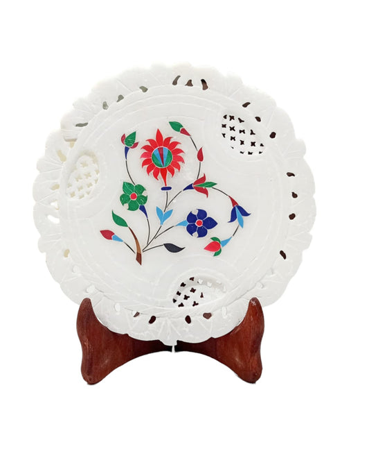 Handmade White Marble Decorative Plate with Wooden Stand 7 inch Decorative Showpiece - 7 cm (Marble, White)