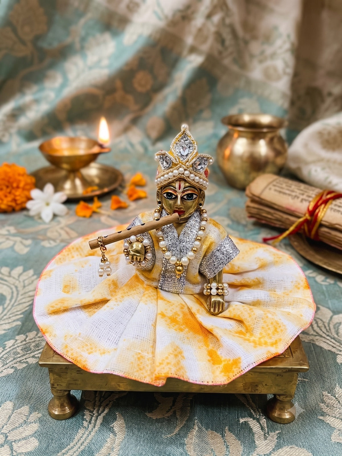 Yellow & White Printed Summer Cotton Dress For Kanha Ji