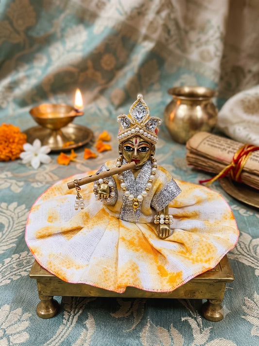 Yellow & White Printed Summer Cotton Dress For Kanha Ji