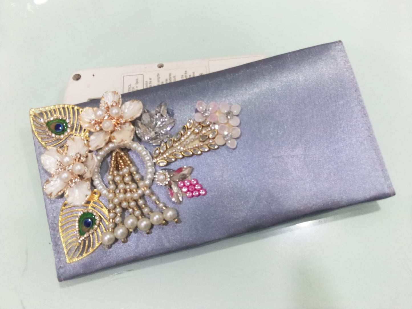 Sleek Grey Satin Festive Clutch with Gold Peacock & Pearl Accents