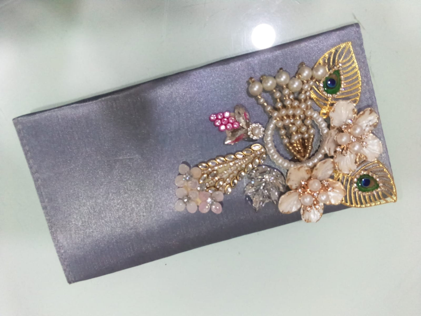 Sleek Grey Satin Festive Clutch with Gold Peacock & Pearl Accents